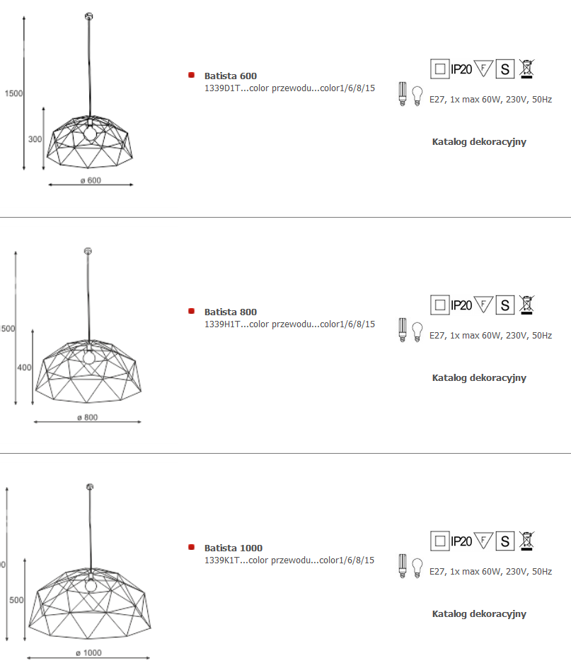 wymiary lampy batista