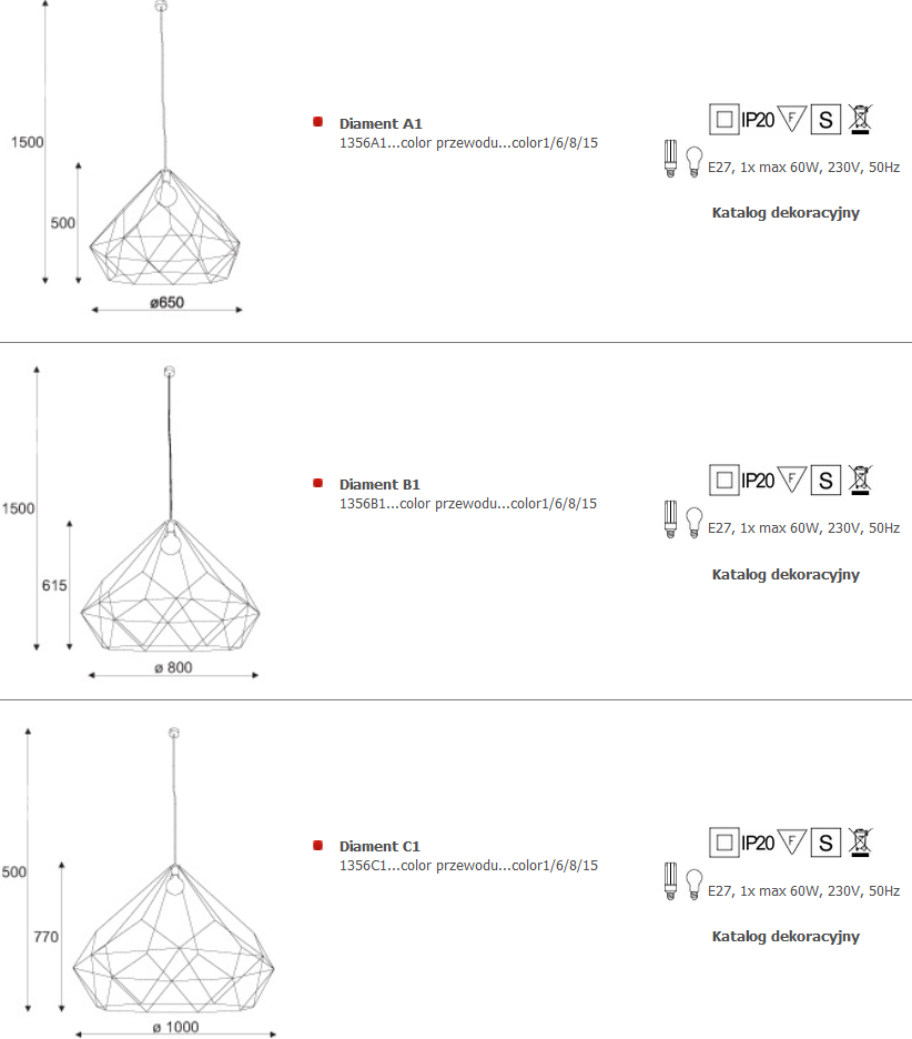 wymiary lampy Diament